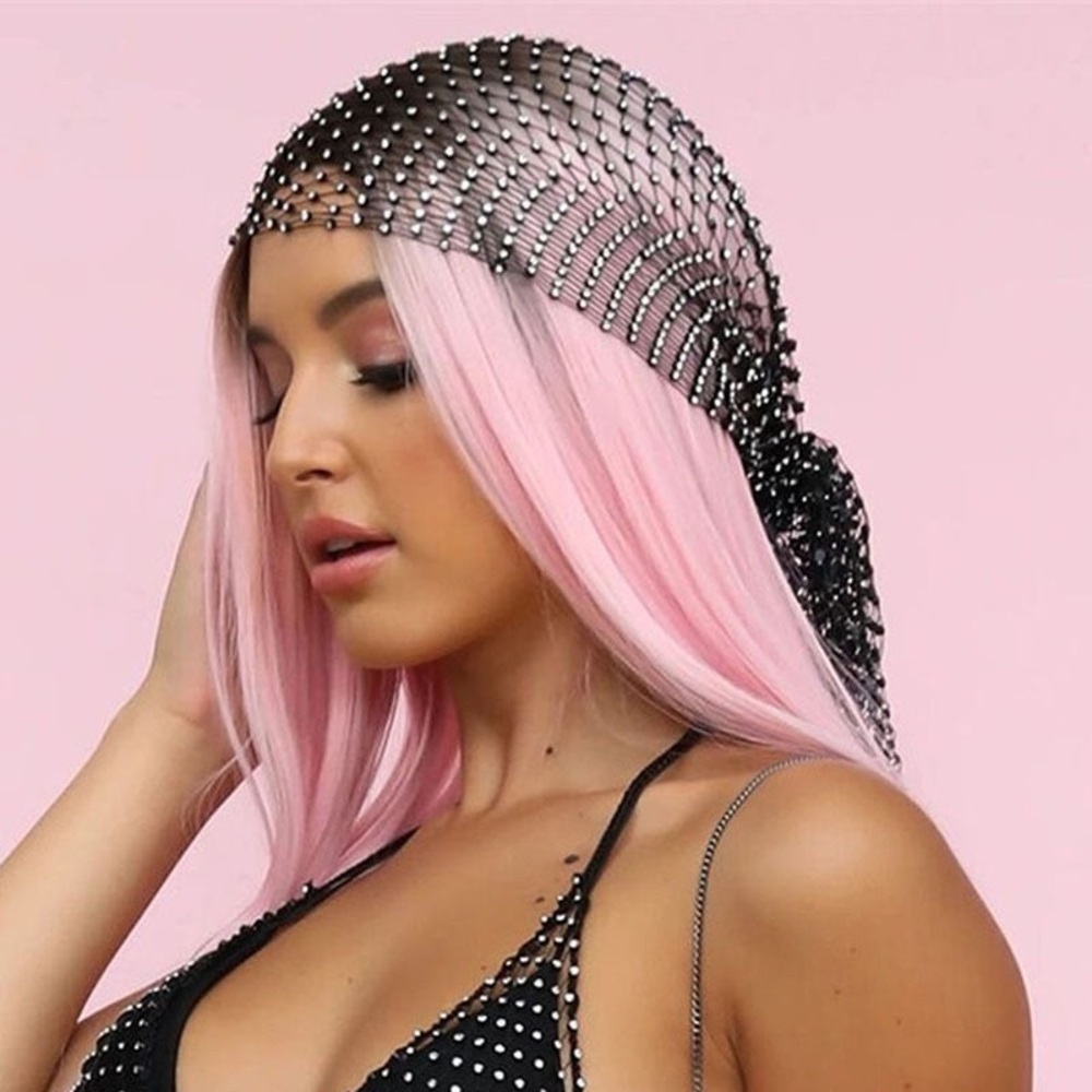 Black Rhinestone Fishnet Head Scarf